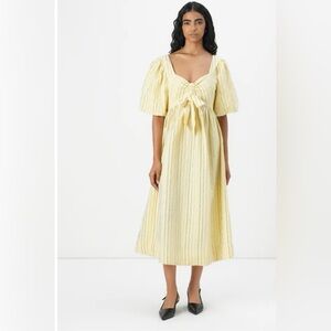 YAS Yellow Striped Puff-Sleeve Dress with Front Tie 100% Cotton